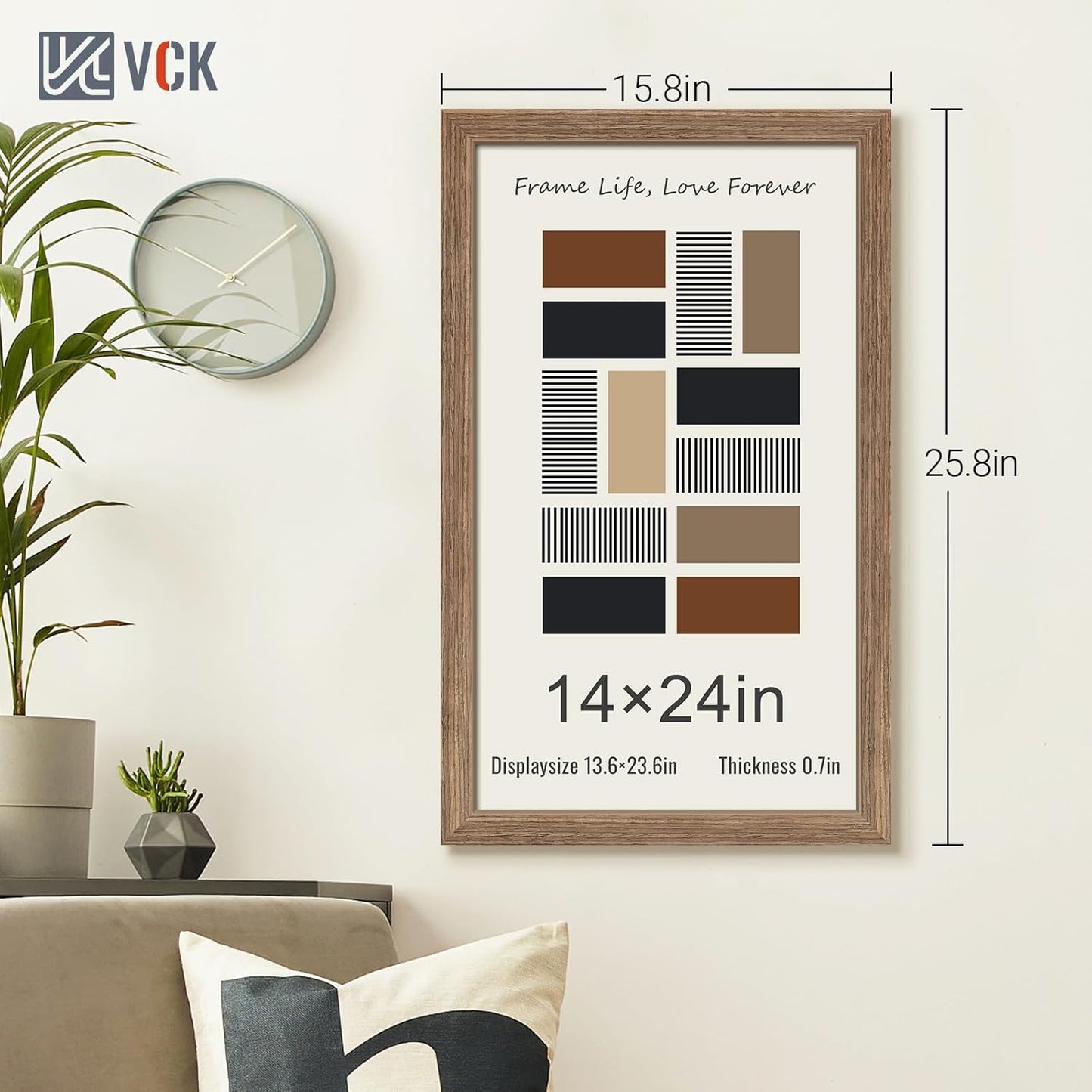 VCK 14x24 Frame Set of 3 - Brown Walnut, Natural Textured Solid Wood Picture Poster Frame, Wall Gallery Frame