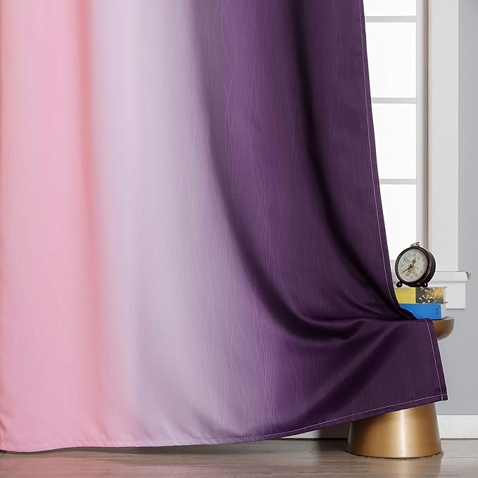 Pink and Purple Curtains 63 Inch Length 2 panels, Full Light Blocking Ombre Blackout Curtains for Kids Room, Thermal Insulated Noise Reducing Gradient Blackout Curtains for Girls Bedroom, 52x63 Inch