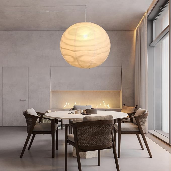 Paper Lantern Lamp Plug in Hanging Lamp 23.6in White Rice Paper Pendant Light with 19.7FT Cord Large Globe Japanese Japandi Wabi Sabi Chandelier for Dining Living Room Bedroom Office 1 Pack
