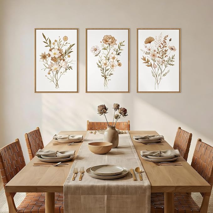 KAIRNE Neutral Boho Floral Framed Canvas Wall Art Set, Vintage Botanical FlowerWall Decor, Minimalist Wildflower Art Prints, Modern Beige Artwork for Living Room, Bedroom, Farmhouse, Office-24 x36 x3