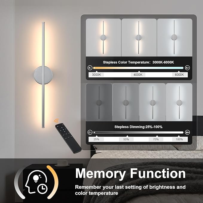 KARTOOSH Removable Battery Operated Wall Sconces with Remote Control 350°Rotate LED Wireless Wall Lights with 3 Color Temperatures & Dimming for Bedroom, Hallway, 28.3 Inch (2 Pack)