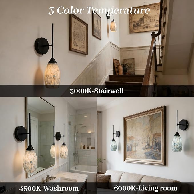 Wireless Battery Operated Wall Sconce Set Of 2，Rechargeable Wall Lights with Remote Control, Dimmable 3000K–6000K, Wireless Wall Sconces With Industrial Hand-Blown Art Glass for Bedroom Living Room