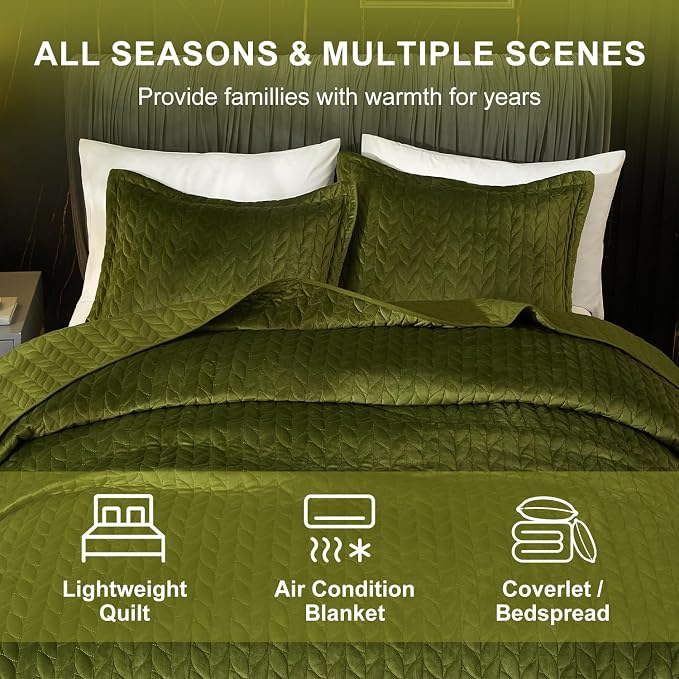 Ivellow Velvet Quilt King Size, Green Lightweight Bedspread Full Soft Reversible Coverlet for All Season 3Pcs Luxury Velvet Comforter with Brushed Microfiber Back Leaf Embroidered Quilted Bedding Set