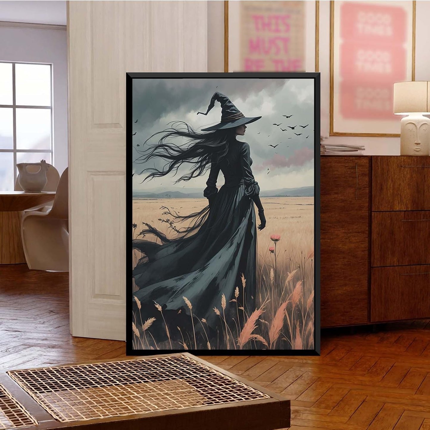 JFHCQJPK Gothic Decor Canvas Wall Art Witch in Rice Field Halloween Art Decor Print Nature Print Victorian Home Bedroom8x12in Metal blackFramed