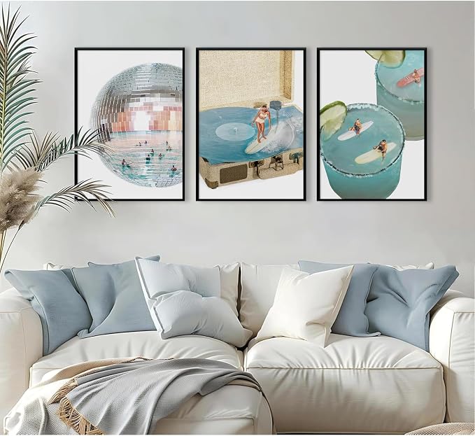 Blue Coastal Groove Wall Art Retro Disco Beach Canvas Poster Summer Surf Wall Decor Trendy Coastal Pictures Ocean Painting Preppy Aesthetic Prints Funky Artwork for Girls Bedroom 16x24 Inch Unframed