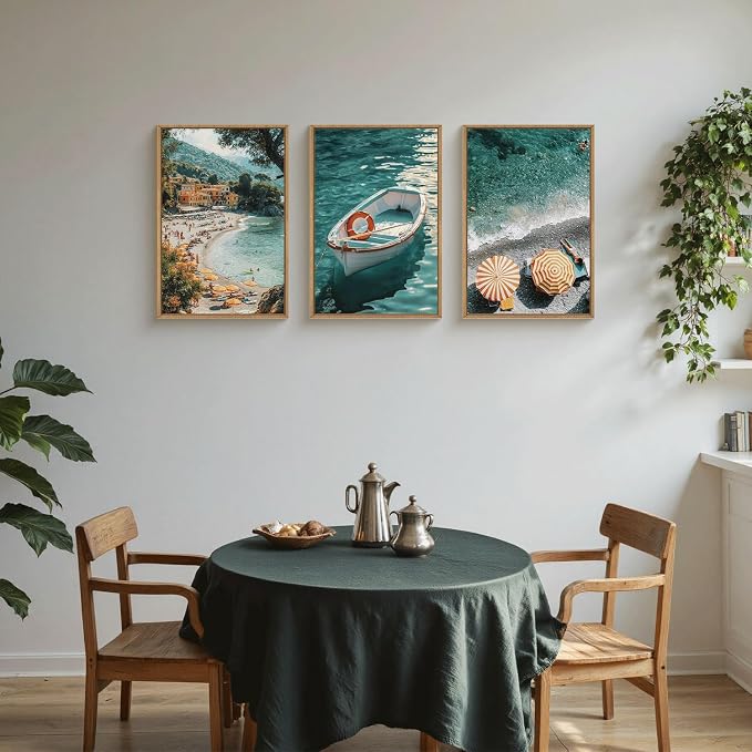 Italy Coastal Seascape Framed Canvas Wall Art Set,Mediterranean Amalfi Italian Blue Green Seaside Beach Decor,Natural Foreign Travel City Summer Artwork for Living Room,Farmhouse- 16"x24"x3