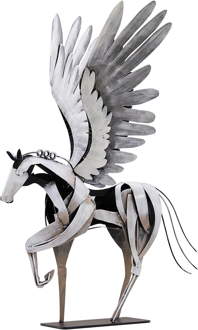 SunBlogs Art Horse Statue Décor Artwork, 24" H Handmade Metal Pegasus Greek Flying Horse Sculpture, Hand-Painted Animal Figurines for Home Living Room Office (Vintage White with Wings)
