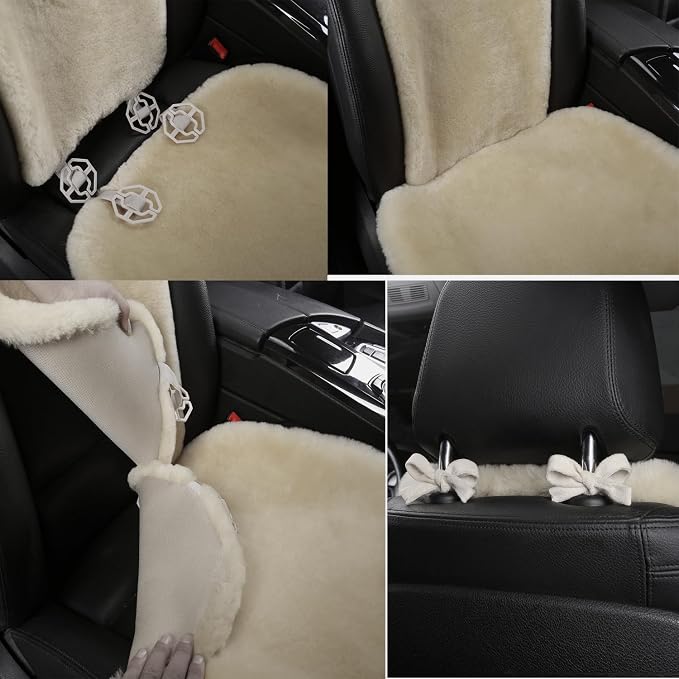 Dotesy 2 Packs Genuine Australia Sheepskin Auto Front Seat Cushion Natural Wool Car Seat Cover Protector Pad Soft Warm Winter Universal for Women Office Chair Car Décor