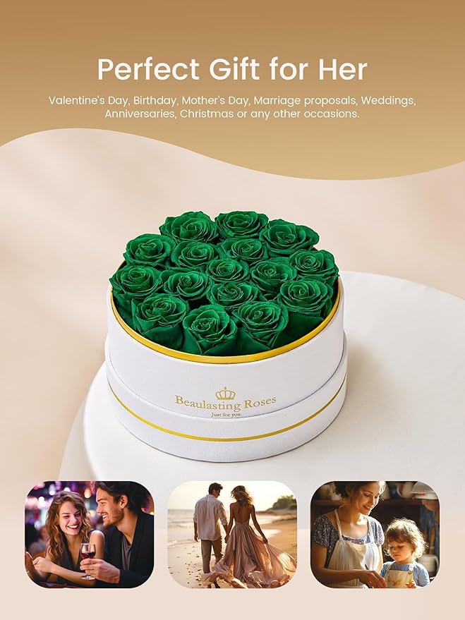 16 Preserved Roses Forever Flowers Real Roses in a Box Mother's Day Birthday Flowers for Her Mom Women Wife Valentine's Day, Green Roses