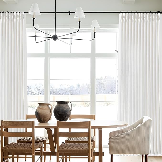White Pinch Pleated Linen Curtains 84 Inches Long for Living Room, Light Filtering Pleat Drapes Textured Thick Memory Trained Elegant Semi-Sheer Curtain with Hooks for Bedroom Farmhouse, 2 Panels