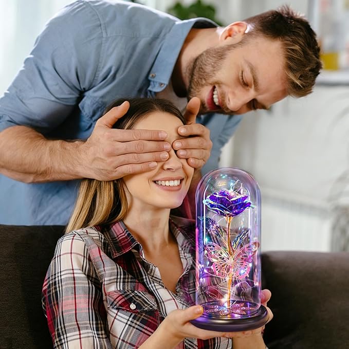 Mothers Day Flowers Gifts for Mom Women Birthday Gift Galaxy Glass Rose Forever Eternal Crystal Flowers Rose in Glass Dome with Butterfly Mother's Day Roses Gifts for Mom Daughter Wife Grandma Purple