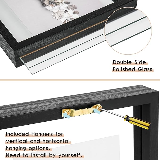 MUYE 12x16 Floating picture Frames Set of 2,Double Glass Frame,Display Any Size Photo up to 12x16,Wall Mount or Tabletop Standing,Black