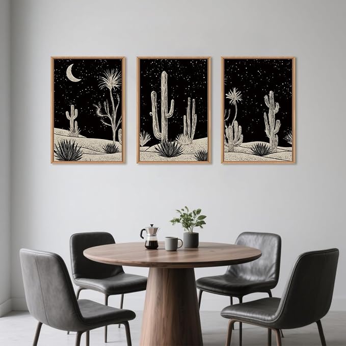 DRACIT Desert Night Cactus Framed Canvas Wall Art Set,Southwestern Black and White Landscape Wall Decor,Rustic Wooden Mid Century Boho Moon Artwork for Living Room,Bedroom-16 x24 x3