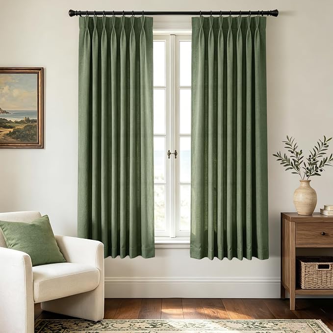 Memory Trained Olive Green Triple Pinch Pleated Curtains 2 Panels 40x63 Linen Blend Light Filtering Privacy Drapes with Hooks Back Tab for Track System Bedroom Study Neutral Decor