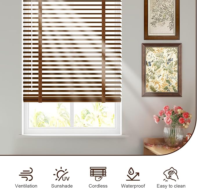 2" Cordless Real Wood Blinds for Indoor Windows, Rose Wood, 24" W x 72" H | Horizontal Venetian Blinds with Tilt Wand, Light Filtering, Privacy Control, Easy Installation for Bedroom, Living Room