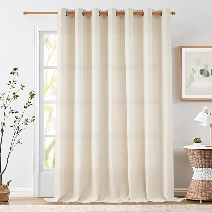 Linen Extra Wide Patio Curtain 100 Inch for Silding Glass Doors Natural Semi Sheer Light Flitering Curtains Floor Length Curtain Panel for Living Room Divider Beige Farmhouse Drapes 108 Inch 1 Panel