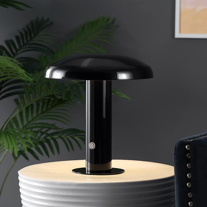 JONATHAN Y 11" Black Rechargeable LED Mushroom Table Lamp, Cordless Portable Dimmable Mid-Century Modern Accent Lamp, with Metal Shade, Touch Sensor JYL7114A