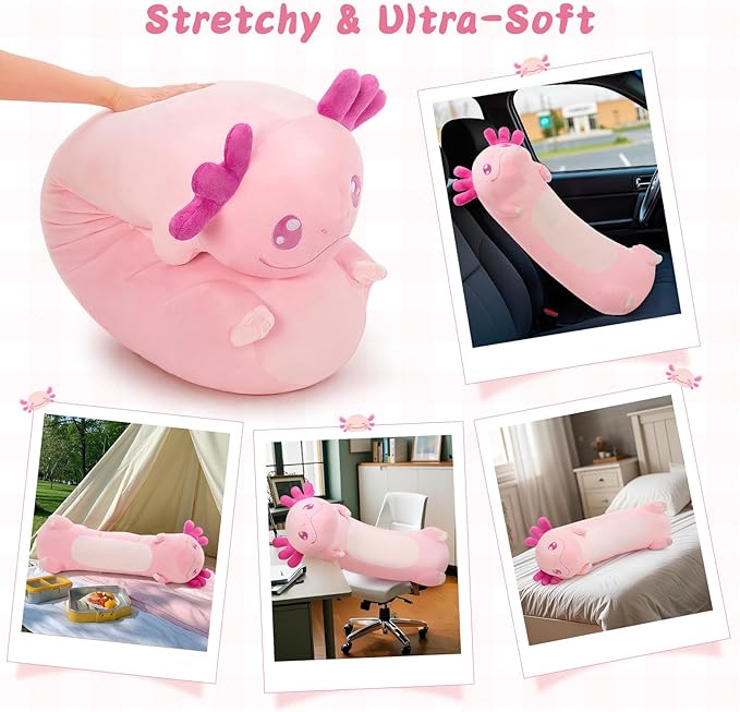Tezituor Long Axolotl Plush Body Pillow, 39.5 Inches Giant Pink Axolotl Stuffed Animal Soft Hugging Pillow Big Salamander Toys for Girls Kids Birthday Gifts