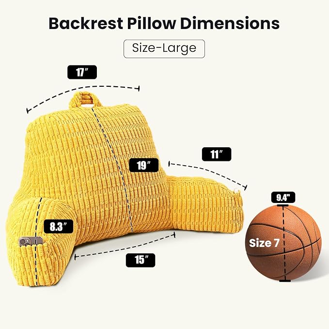 Large Reading Pillow for Sitting Up with Arms,Yellow Corduroy | Back Pillow for Adults Backrest,19" Sitting Pillow Supports Reading,Gaming & Relaxing in Bed,Couch,Floor Corners