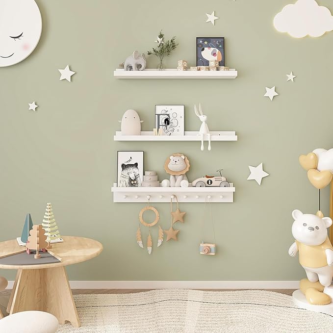 MBYD Solid Wood White Nursery Book Shelves for Kids Room, 36 Inch Wall Shelf with Hooks & Floating Shelf with Pegs, Picture Ledge to Organize Books, Baby Essentials, Declutter Space & Hang Clothes