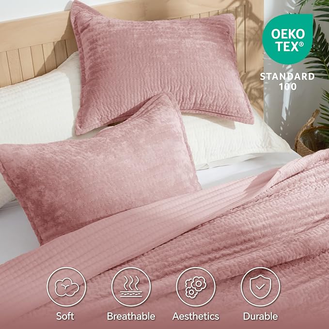 BEDELITE Velvet Quilt Set Queen Size - Luxury Soft Velvet Comforter Bedding Set for All Season, Lightweight Quilted Channel Stitch Oversized Bedspread Coverlet with 2 Matching Shams, Rose Pink