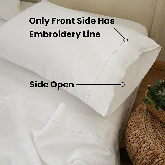 100% French Linen Pillowcases with Embroidery - Pack of 2 - Washed Solid Color Natural Flax Soft Breathable - White, 20'' x 40''
