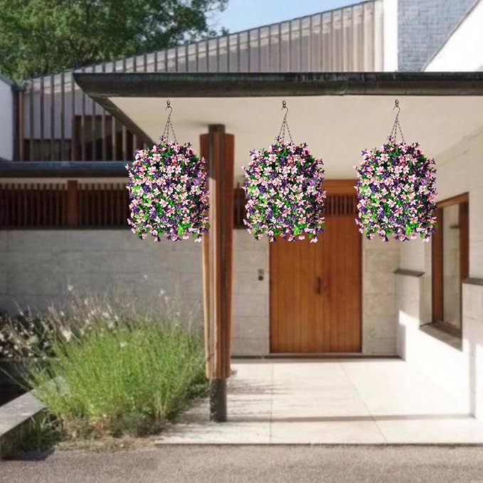 INQCMY Artificial Hanging Flowers in Basket for Outdoor Spring Summer Decoration,4pcs Faux Silk Violet in Planter UV Resistant for Outside Home Patio Garden Porch Deck Decor(Pink Purple)