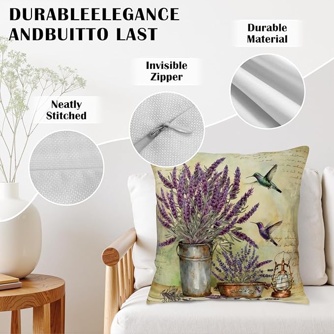 Lavender Pillow Covers Purple Flower Rustic Pillow Covers 20x20 Set of 2 Lavender Hummingbird Pillow Case Spring Vintage Cotton Linen Cushion Case for Garden Farmhouse Patio