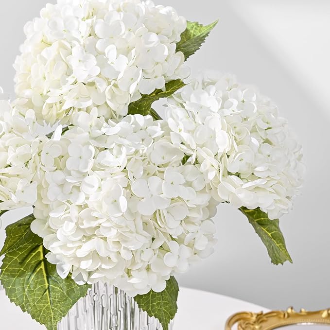 MARTINE MALL 5Pcs 21in Hydrangea Artificial Flowers, Latex Real Touch Hydrangeas Lifelike Large Hydrangea Flowers for Home Decor Party Arrangements Wedding Bouquets Centerpieces (White)