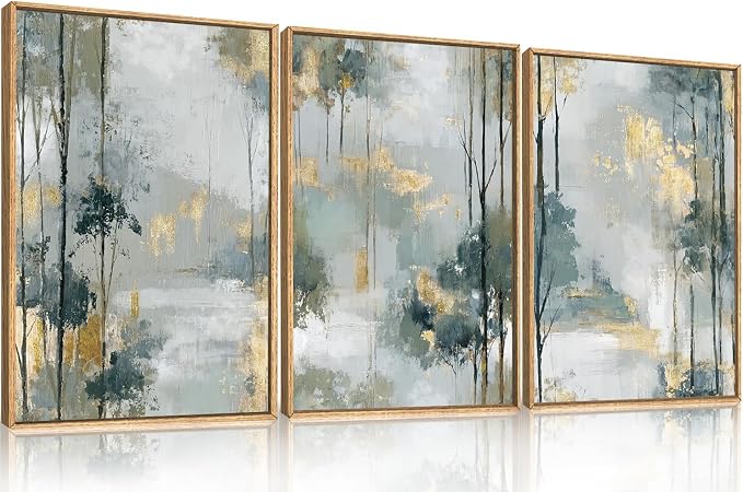 HPNIUB Abstract Forest Framed Canvas Wall Art Set, Minimalist Splash Ink Gold Green Pastel Watercolor Trees Wall Decor,Illustration Neutral Art Painting for Living Room,Dining Room,Office -24"x36"x3