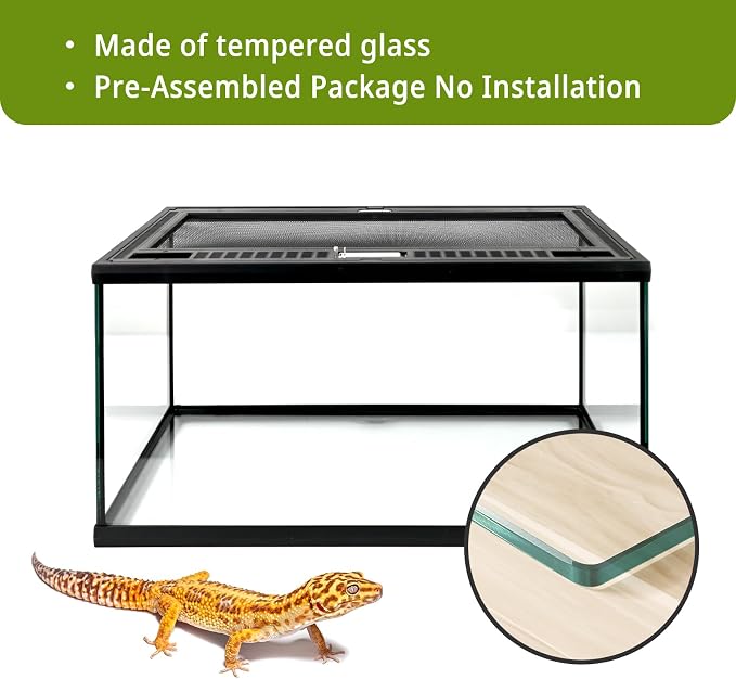 Reptile Glass Tank 20"*12"*10" Pre-Assembled Terrarium for Turtle,Hermit Crab,Bearded Dragon,Gecko,Lizard,Snake,Spider,Fish,Tarantula Enclosure with Top Screen Ventilation and Openning Door