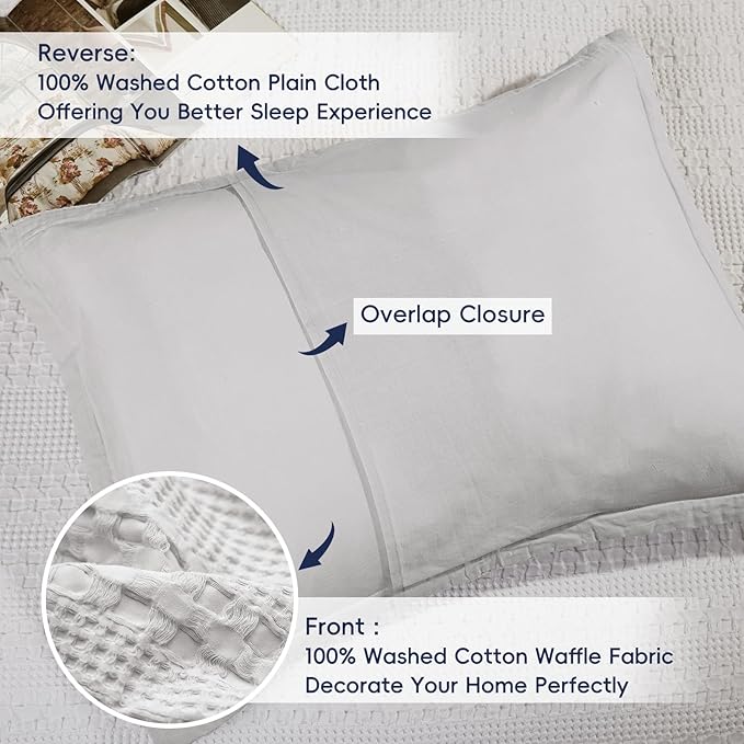 PHF 100% Cotton Ruffle Waffle Pillow Shams King Size, 2 Pack 20" x 36" Soft Skin-Friendly Pillowcases, No Filling, Aesthetic Home Decor, Breathable Waffle Weave Bed Pillow Covers, Light Grey
