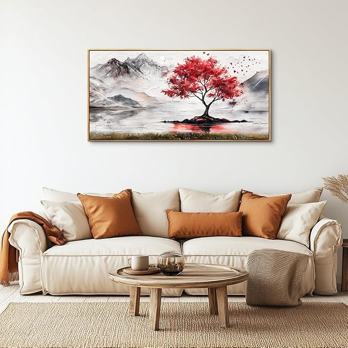 QIYILEXWART Wood Framed Canvas Wall Art For Living Room Wall Decor For Bedroom Office Wall Decorations Red Tree Painting Farmhouse Pictures Artwork Room Aesthetic Home Decor