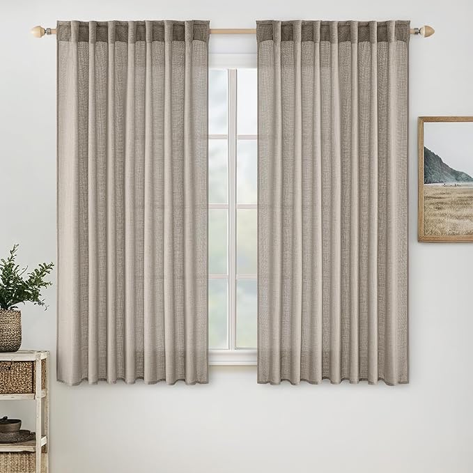 MIULEE Burlywood Birch Linen Curtains 54 Inch Length 2 Panels for Bedroom Living Room, Soft Linen Textured Window Drapes Semi Sheer Light Filtering Back Tab Rod Pocket Farmhouse Burlap Look Decor