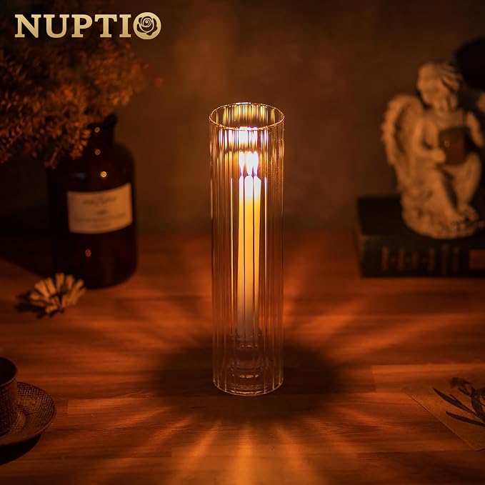NUPTIO Candle Stick Holder for Centerpiece: Ribbed Hurricane Glass Taper Candle Holders - Set of 2 Fluted Candlestick Holder with Tall Cylinder Cover for Fall Thanksgiving Christmas Dining Table Decor