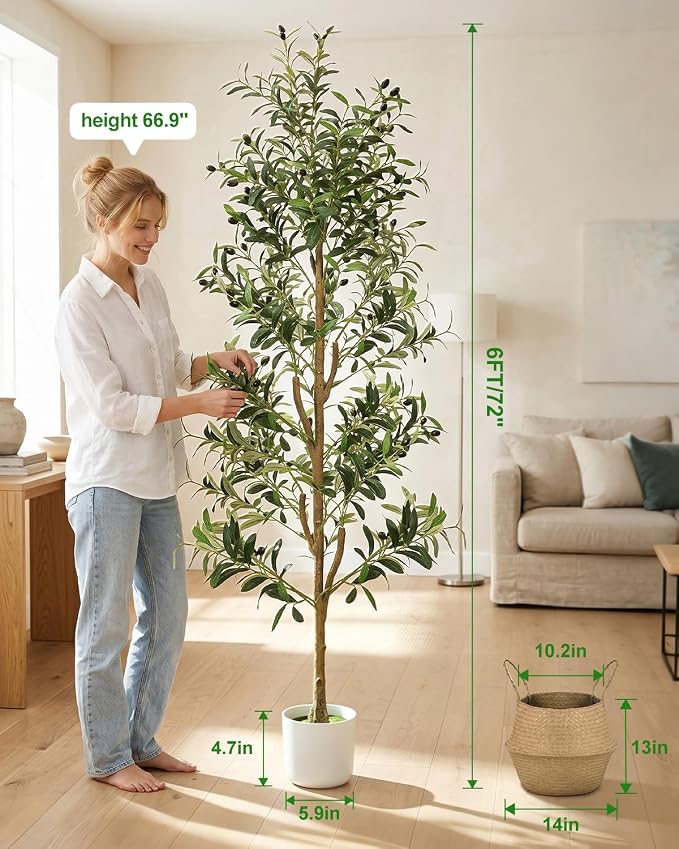 TNELTUEB Faux Olive Tree 6FT- Indoor Tall Artificial Olive Trees with Lights & Basket and Planter, Fakeplants Artificial Plants with Natural Wood Trunk and Realistic Fruits for Home Living Room Decor