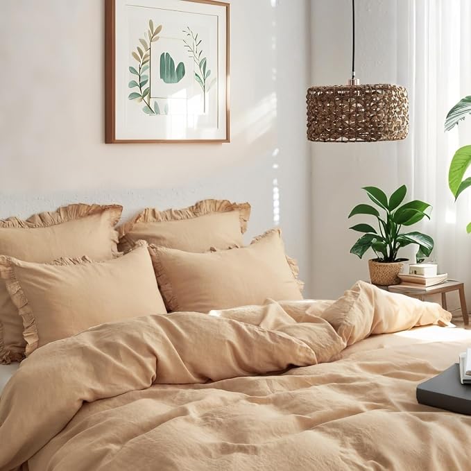 Simple&Opulence 100% Linen Duvet Cover Set, 3 PCS Natural French Flax Sand Ruffle Duvet Cover King Size, Breathable Comfy Linen Bedding Comforter Cover with 2 Pillowcases (Sand, 104" X 92")