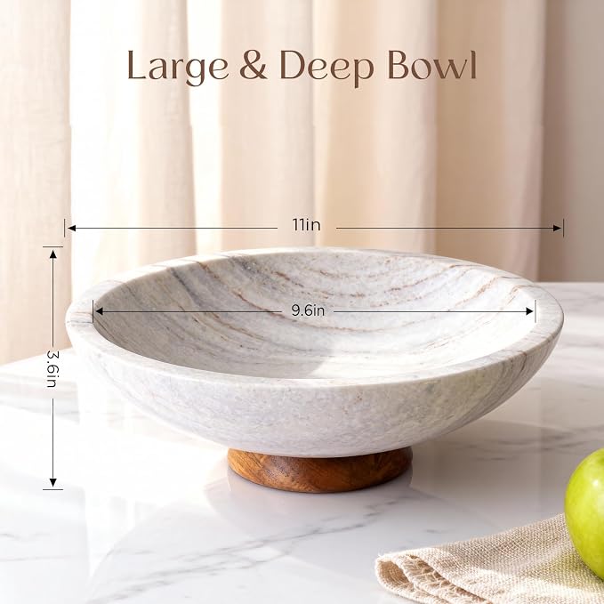 SAMAH Gray Marble Fruit Bowl with Acacia Wood Pedestal, Large Decorative Footed Bowl, Natural Stone Centerpiece for Kitchen Counter, Entryway, Keys, Dining Table, House Warming Gifts New Home(11Inch)