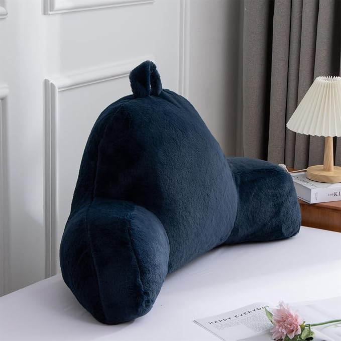 A Nice Night Faux Fur Soft Reading Pillow Bed Wedge Adult Backrest with Arms Back Support for Sitting Up in Bed/Couch for Bedrest,Navy,Large
