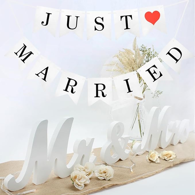 Mr Mrs Sign with Just Married Banner for Wedding Table, Mr and Mrs Wooden Letters, Mr. & Mrs. Wedding Decoration Items, Anniversary Party Vintage Decor (White W/banner)