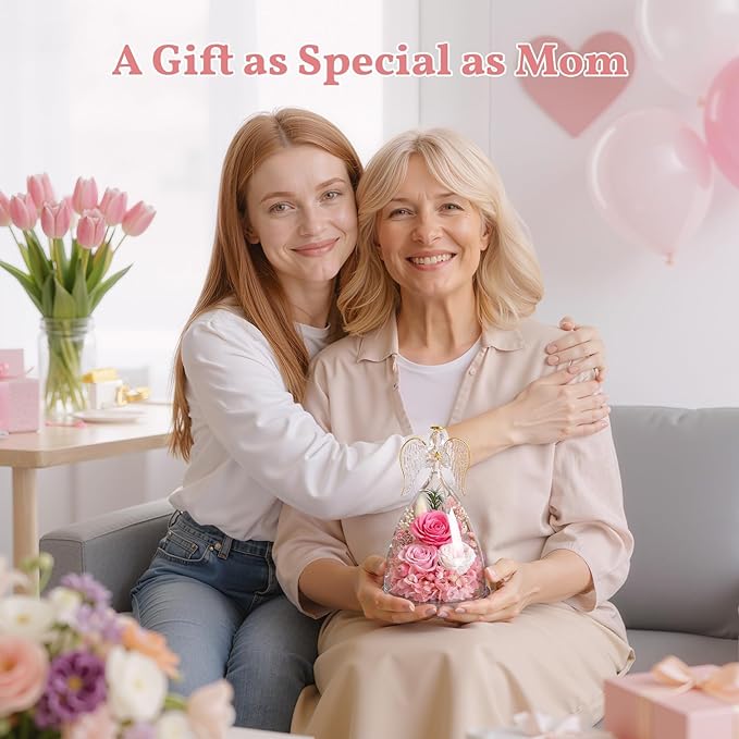 TranquilBliss Gifts for Mom, Flowers for Mother’s Day, Preserved Rose in Glass Dome with Light, Angel Figurines for Her Birthday, Valentine’s Day for Wife, Grandma, Women - Pink