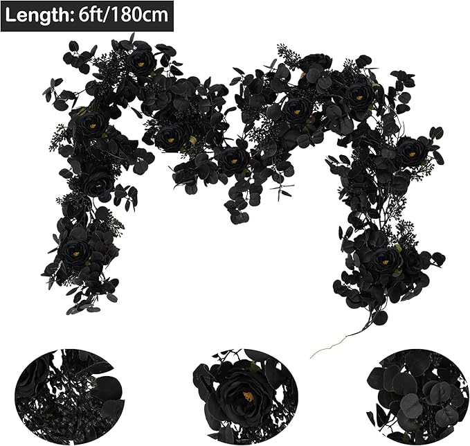 6FT Black Halloween Garland with 10 Black Rose and Berries, Artificial Flower Eucalyptus Garland for Halloween Decorations for Wedding Party Table Decor Indoor Outdoor Backdrop Wall Decor