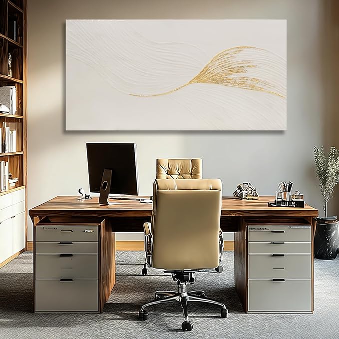 Dolidoteart Wall Art Hand Painted Oil Painting, Neutral White and Gold Textured Abstract Wall Art, Large 24x48 Inch Modern Living Room Wall Decor for Bedroom Dining Room Office Entryway