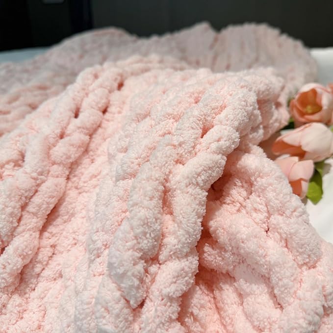 Soft Chunky Knit Throw Blanket for Couch, Cozy Warm Knitted Blankets | Hand Knit with Jumbo Chenille, Lightweight Warm Fluffy Decor for Women, Mom, Her & Girls, Sofa, Chair, Bed, 40"×40" (Pink)