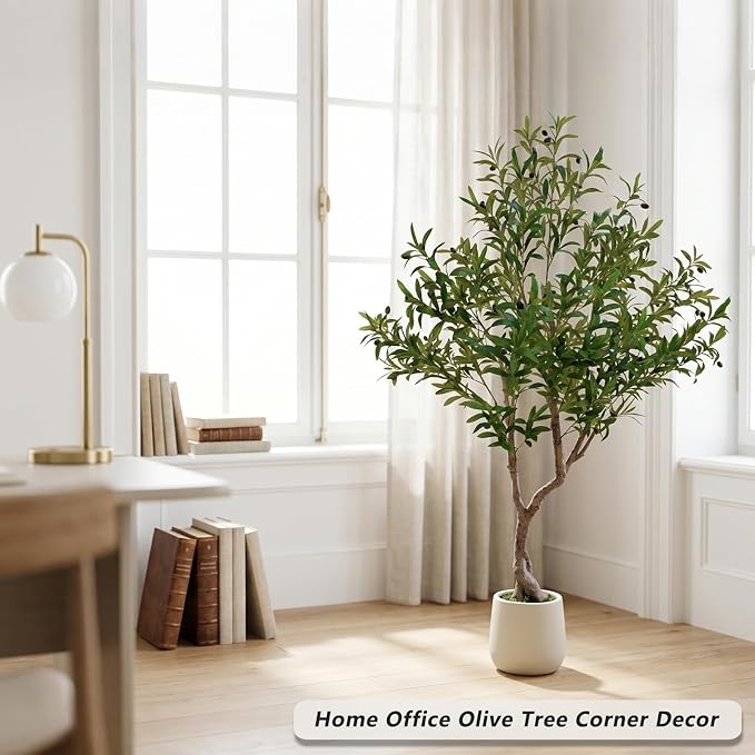 LYLYFAN Olive Tree Artificial Indoor 6FT Faux Olive Tree with White Tall Planter, Fake Olive Tree with Realistic Branches and Lifelike Fruits for Home Office Decor
