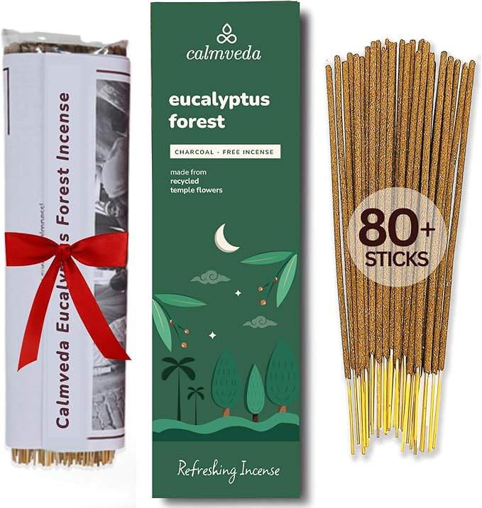 Calmveda Forest Eucalyptus Incense Sticks - 80 Charcoal Free Incense Sticks, Made from Upcycled Flowers | Crisp, Refreshing Aroma of Rainforest, Transports You to Eucalyptus Forest