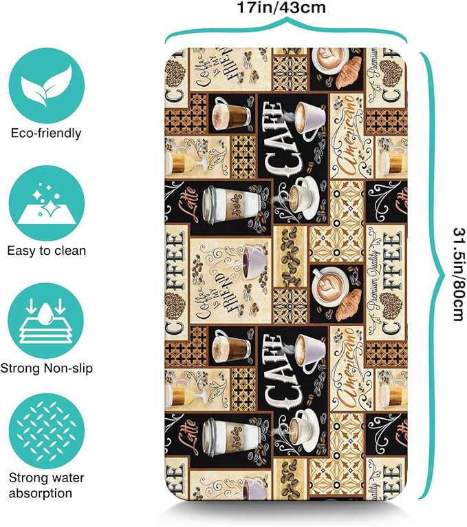 Coffee Mat 17inx31.5in, Multicolor, Modern, Coffee Pattern, Absorbent, Anti-Slip, Waterproof, Machine Washable, Indoor Use