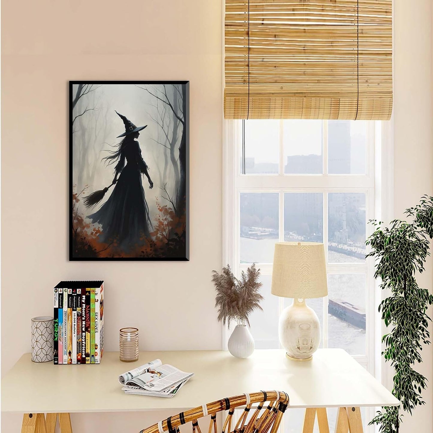 JFHCQJPK Vintage forest witch silhouette poster Halloween mural poster decoration mural art magic suitable for home living room bedroom16x24in Metal blackFramed