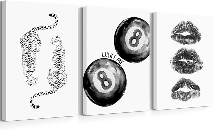 Trendy Leopard Wall Art Cheetah Canvas Prints Black 8 Ball Wall Decor Preppy Aesthetic Poster Lucky Leopard Pictures Funky Painting Retro Kiss Artwork for Bedroom Living Room 12x16 Inch Ready to Hang