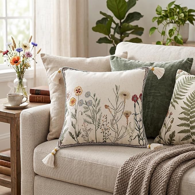 ISAENNE Designer Vintage Linen Throw Pillow Cover,18"x18"-Serenity D | French French Elegant Square Decor Pillow Cover,Concealed Zipper Design,Light Beige,Sofa,Bedroom,Living Room,Chairs